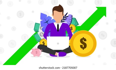 Money concept. Man sitting with computer and making money. Vector illustration