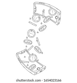 Money concept on a smartphone. Vector illustration of coins and mobile phone.