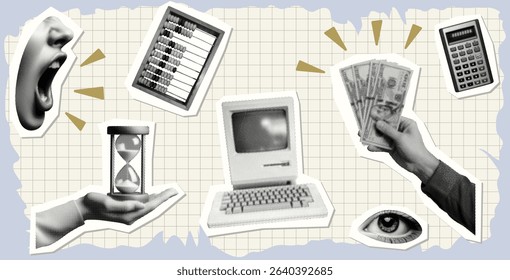 money concept set with hand holding cash banknotes fan abacus calculator old computer shouting mouth eye hourglass isolated retro halftone dotted collage cutout element finance time technology design