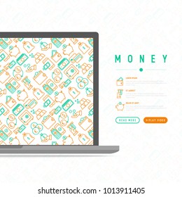 Money concept with thin line icons: cash, credit card, pos terminal, piggy bank, wallet, hand with coins, bag of gold. Modern vector illustration for banner, print media, web page.