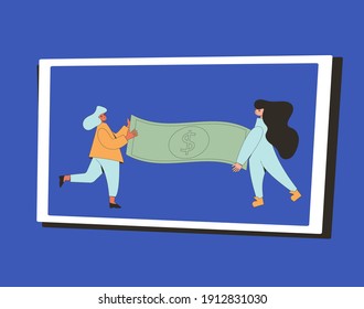 Money concept. Two persons with big paper money. Teenagers holding a big banknote. Line art flat vector illustration. 