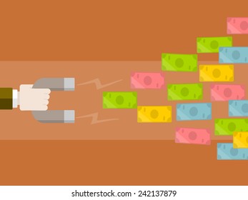 Money concept vector illustration . Attract colorful money using magnet 