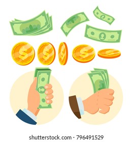 Money Concept Vector. Paper Dollar And Gold Coins. Various Angles. Isolated Flat Cartoon Illustration