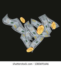 Money confetti. Money are falling down. Money rain. Vector illustration