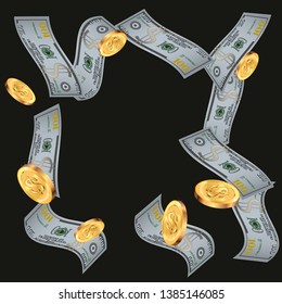 Money confetti. Money are falling down. Money rain. Vector illustration