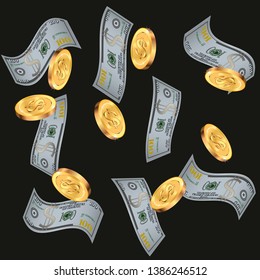 Money confetti. Money are falling down. Money rain. Vector illustration