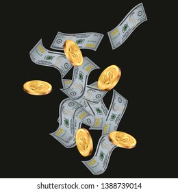 Money confetti. Money are falling down. Money rain. Vector illustration