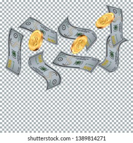 Money confetti. Money are falling down. Money rain. Vector illustration
