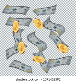 Money confetti. Money are falling down. Money rain. Vector illustration