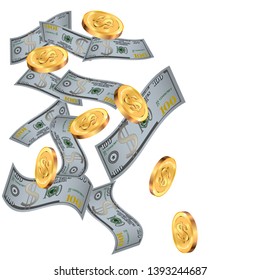 Money confetti. Money are falling down. Money rain. Vector illustration