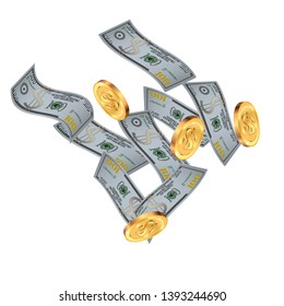 Money confetti. Money are falling down. Money rain. Vector illustration