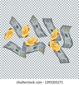 Money confetti. Money are falling down. Money rain. Vector illustration
