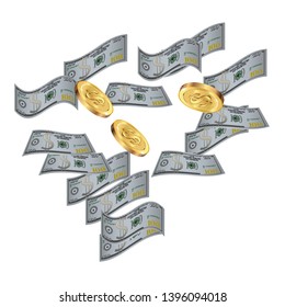 Money confetti. Money are falling down. Money rain. Vector illustration