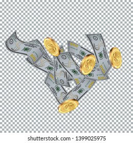 Money confetti. Money are falling down. Money rain. Vector illustration