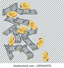 Money confetti. Money are falling down. Money rain. Vector illustration