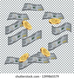 Money confetti. Money are falling down. Money rain. Vector illustration