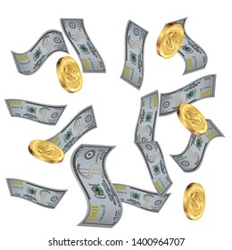 Money confetti. Money are falling down. Money rain. Vector illustration