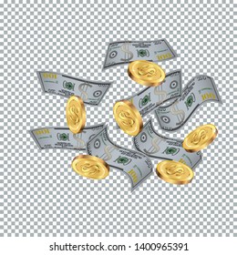 Money confetti. Money are falling down. Money rain. Vector illustration