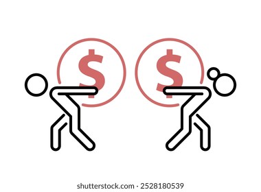 money conflict linear icon symbol, partners fighting over money, dividing marital property during divorce, people carrying money, isolated flat vector illustration, editable stroke,