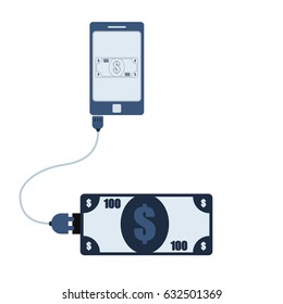 Money connected to a cell phone through a usb cable. Outline of the banknote being shown on the mobile monitor. Flat design. Isolated.