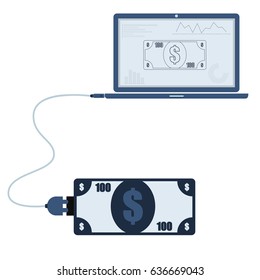 Money connected to a laptop through a usb cable. Outline of the banknote and graphs being shown on the computer monitor. Flat design. Isolated.