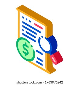 Vector de iconos de comprobación de contrato de dinero. Signo de comprobación de contrato de dinero isométrico. ilustración de símbolo aislado de color