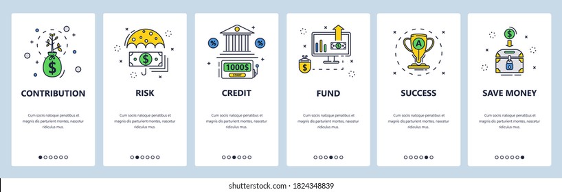 Money contribution, risk and success. Bank loan. Money savings. Mobile app onboarding screens. Vector banner template for website and mobile development. Web site design illustration.