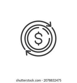 Icono de línea de conversión de dinero. signo de estilo lineal para concepto móvil y diseño web. El dinero en dólares y las flechas delinean el icono del vector. Símbolo, ilustración del logotipo. Gráficos vectoriales