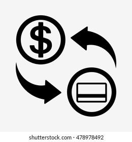 Money convert icon. Dollar card. Cashing in ATM. Flat design style