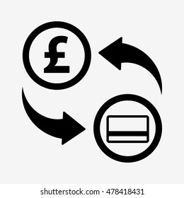 Money convert icon. Pound to card. Flat design style