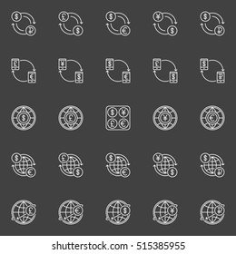 Money convert vector icons. Dollar, Euro, Pound, Ruble and Yen currency exchange outline signs. USD, EUR, GBP, RUB and JPY concept linear symbols on dark background