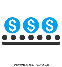 Money Conveyor icon. Vector style is bicolor flat iconic symbol with rounded angles, blue and gray colors, white background.