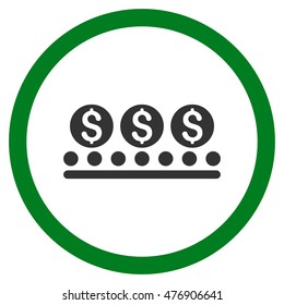 Money Conveyor vector bicolor rounded icon. Image style is a flat icon symbol inside a circle, green and gray colors, white background.