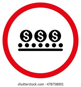Money Conveyor vector bicolor rounded icon. Image style is a flat icon symbol inside a circle, intensive red and black colors, white background.