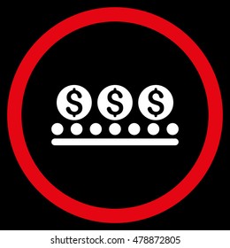 Money Conveyor vector bicolor rounded icon. Image style is a flat icon symbol inside a circle, red and white colors, black background.