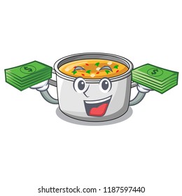 With money cooking pot of soup isolated on mascot