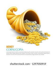 Money cornucopia as symbol of Generosity success luck wealth on business realistic design concept vector illustration