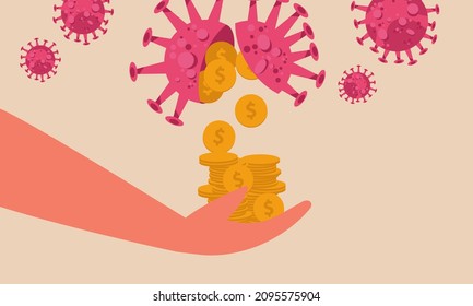 Money and coronavirus in stock market concept. Business bargain during the pandemic crisis. Gold coins pouring from the virus into the hand of people vector illustration. Investment profit income