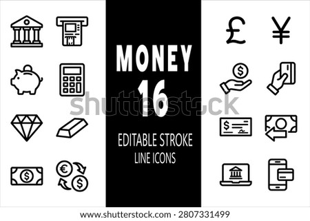 Money, corporate banking, and mobile payment financial icon set featuring 16 minimalist vector line icons with editable stroke paths, designed as clean black outline symbols on a solid white background. This highly practical collection covers wealth management, currency trade, and digital transactions, including essential symbols like a classic bank building with pillars, an automated teller machine ATM terminal, a piggy bank for savings, an accounting electronic calculator, a precious diamond gemstone, a heavy solid gold bar ingot, a paper dollar banknote bill, a currency exchange swap system between Euro and US dollar, a British Pound Sterling currency sign, a Japanese Yen or Chinese Yuan symbol, an open hand receiving a dollar coin payment, a hand holding a credit card to pay, a signed bank financial check, a cash-back or refund transaction arrow with a banknote, a laptop computer screen displaying online banking, and a smartphone mobile wallet contactless payment interface, perfect for fintech mobile application user interfaces, online financial dashboards, corporate landing pages, and business infographics.