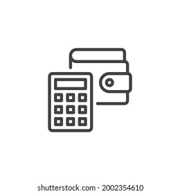 Icono de línea de conteo de dinero. signo de estilo lineal para concepto móvil y diseño web. Icono de vector de contorno de la calculadora y la cartera. Impuesto, símbolo de presupuesto, ilustración de logotipo. Gráficos vectoriales
