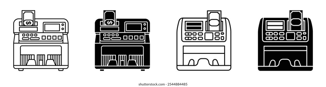 Coleção de ícones de máquina de contagem de dinheiro em preto e branco preenchido e estilo de vetor sólido.