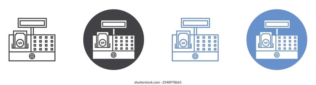 Conjunto de símbolos de línea plana de icono de máquina de conteo de dinero.