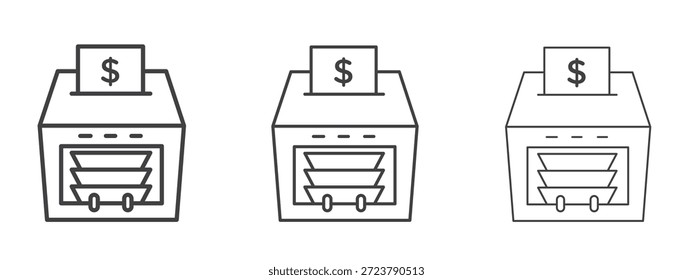 Icono de la máquina de conteo de dinero en estilo de doodle de arte de línea. Signo de contorno de trazo editable, eps 10