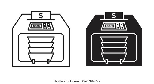 Money counting machine icon set. money counter vector symbol in black filled and outlined style. svg