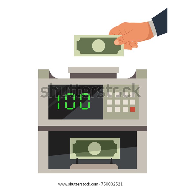 Money counting\
machine and a man\'s hand holds dollar banknote. Vector flat icon\
isolated on white\
background.