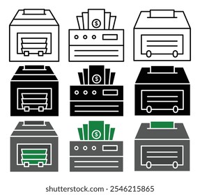 Colección del icono del Vector de la máquina de contar dinero. conjunto de Ilustración vectorial.