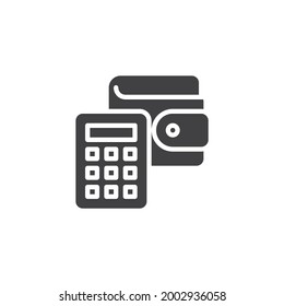 Icono del vector de recuento de dinero. signo plano relleno para concepto móvil y diseño web. Icono de la calculadora y el glifo de cartera. Impuesto, símbolo de presupuesto, ilustración de logotipo. Gráficos vectoriales