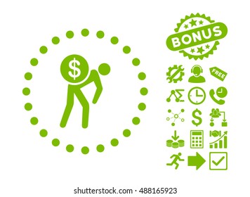 Money Courier icon with bonus elements. Vector illustration style is flat iconic symbols, eco green color, white background.