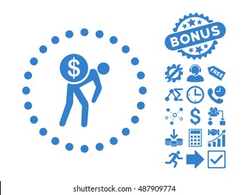 Money Courier icon with bonus pictogram. Vector illustration style is flat iconic symbols, cobalt color, white background.