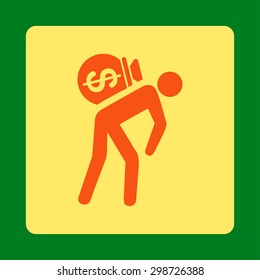 Money Courier icon from Commerce Buttons OverColor Set. Vector style is orange and yellow colors, flat square rounded button, green background.